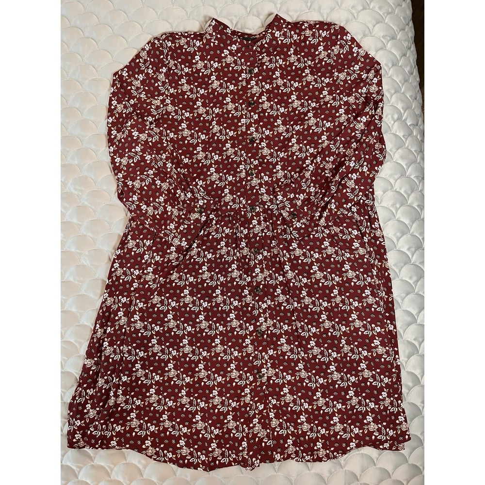 Ann Taylor Burgundy Floral Button Down Dress Mandarin Collar Sz L Long Sleeve